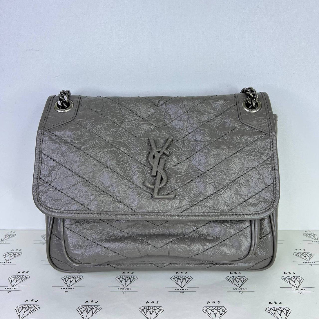 [PRE LOVED] YSL Medium Nikki in Gray Crinkled Matelasse Leather SHW