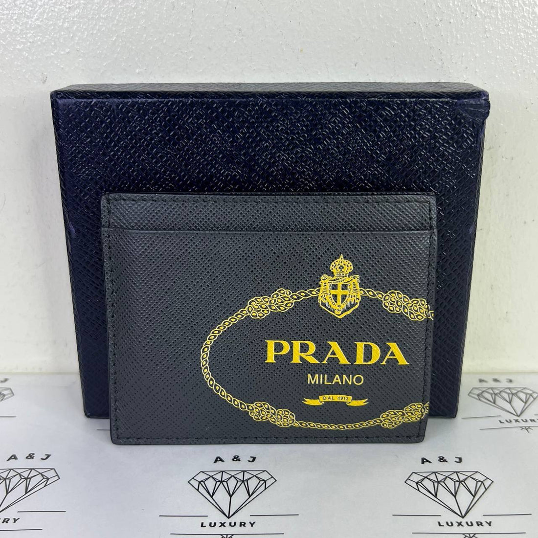 [PRE LOVED] Prada Flat Cardholder in Gray/Yellow Saffiano Leather