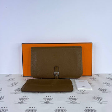 [PRE LOVED] Hermes Dogon Duo Wallet in Brown Clemence Leather PHW (Stamp P Square - 2013)