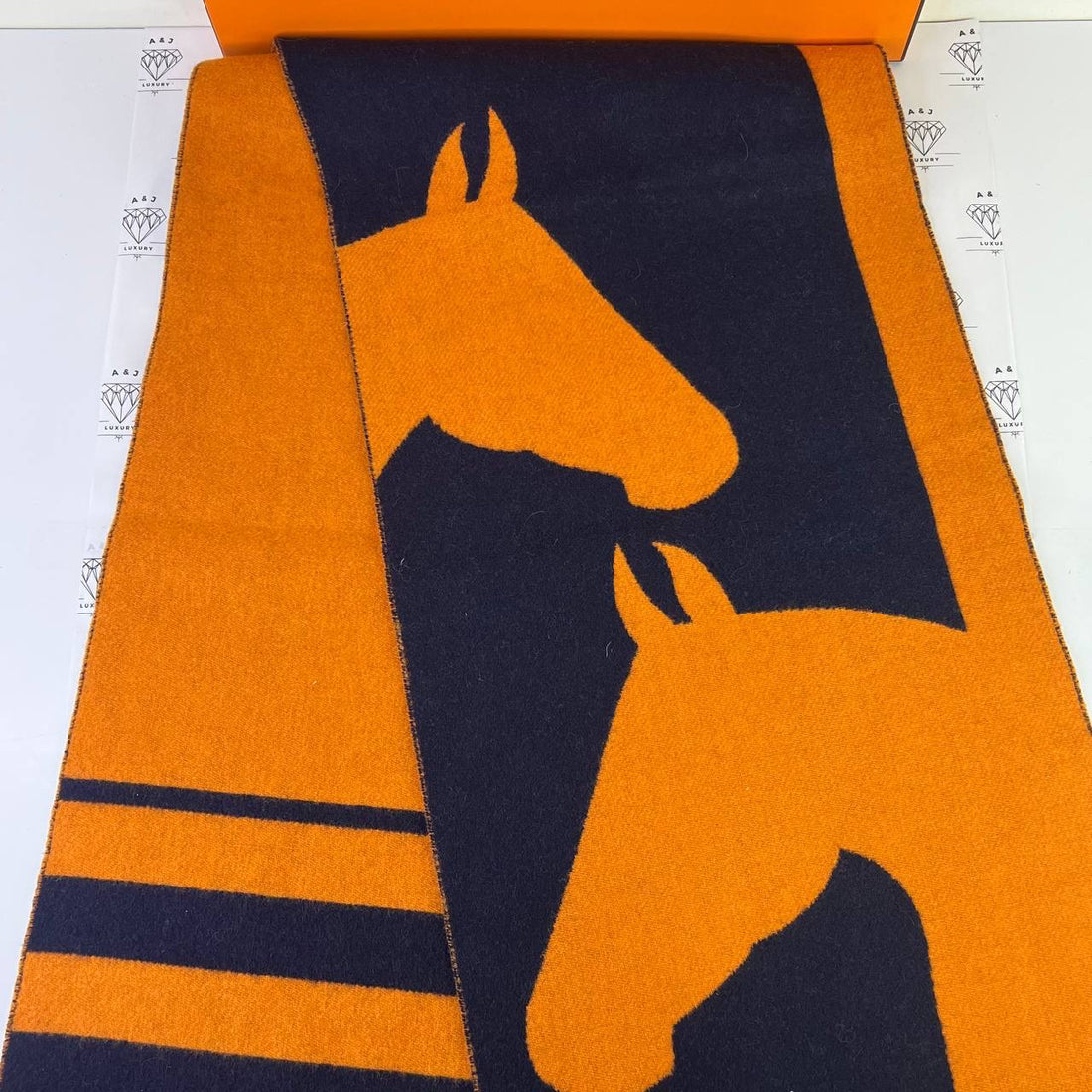 [PRE LOVED] Hermes Cashmere Scarf 140x30cm in Marine/Orange