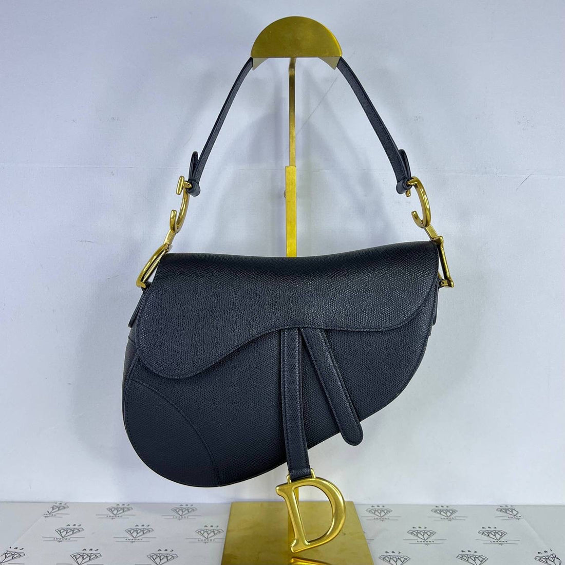 [PRE LOVED] Christian Dior Saddle with Guitar Strap in Black Grained Calfskin Leather GHW (2019)