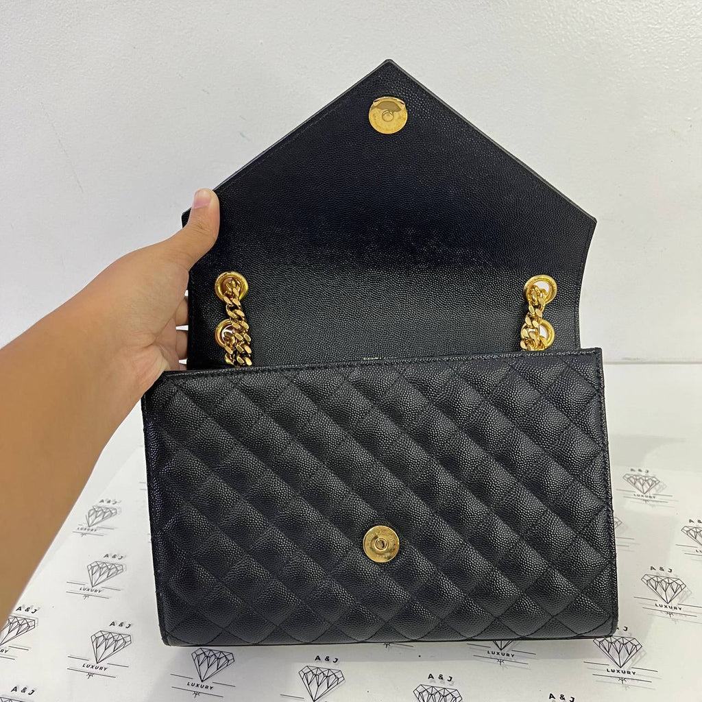 [PRE LOVED] YSL Medium Envelope in Black Matelasse Leather GHW