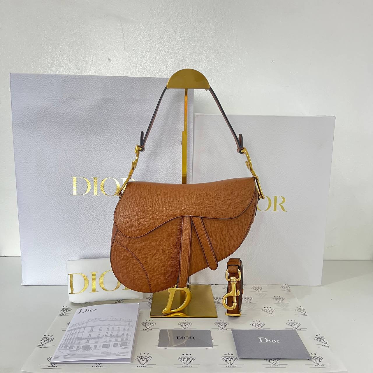 [PRE LOVED] Christian Dior Saddle with Strap in Cognac Grained Calfskin Leather GHW (2023)