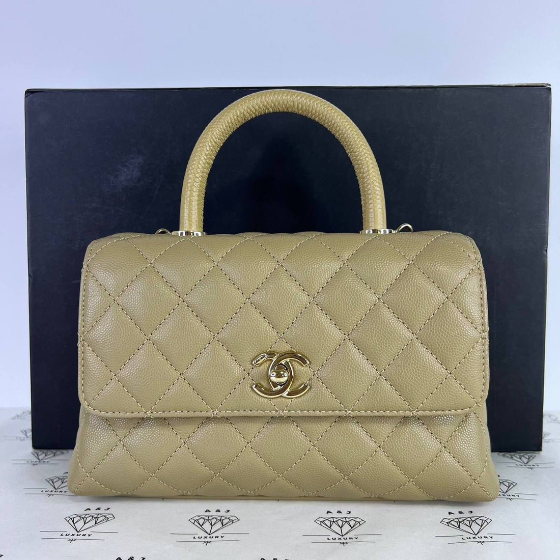 [PRE LOVED] Chanel Small Coco Handle in Milktea Caviar Leather Light Gold HW (microchipped)