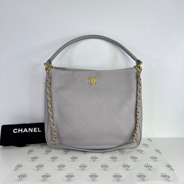 [PRE LOVED] Chanel Hobo Tote Shoulder Bag in Light Gray Calfskin Leather Aged Gold HW (microchipped)