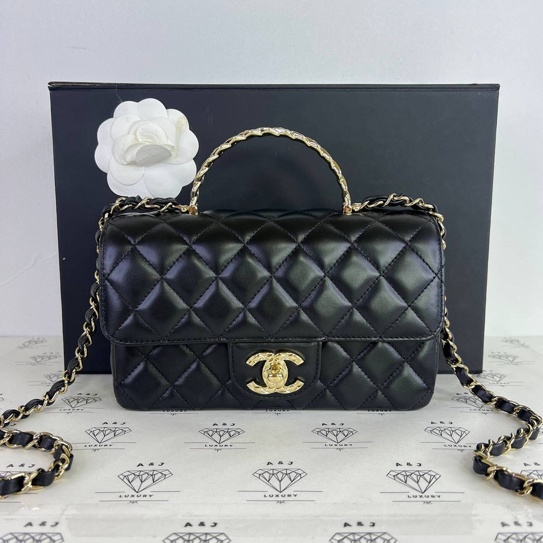 [PRE LOVED] Chanel 24C Collection Crystal Top Handle Flap in Black Lambskin Leather Light Gold HW (microchipped)
