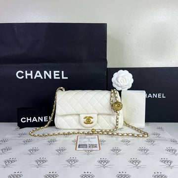[PRE LOVED] Chanel Mini Rectangle Flap Pearl Crush Adjustable strap in White Lambskin Leather Aged Gold HW (microchipped)