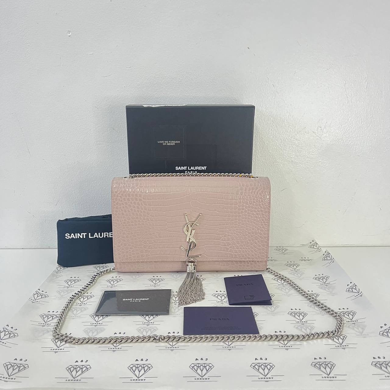 [PRE LOVED] YSL Medium Kate in Pink Croc Embossed Leather SHW