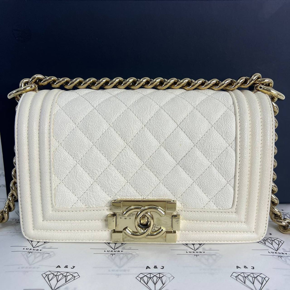 [PRE LOVED] Chanel Small Leboy in White Caviar Light Gold HW (Series 28)