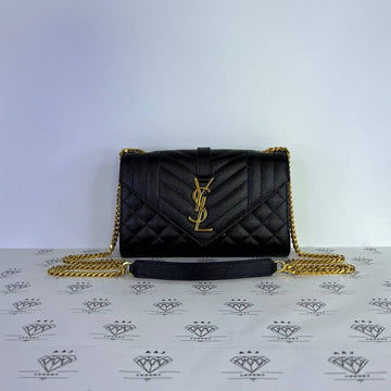 [PRE LOVED] YSL Small Envelope Tri Quilt in Black Grain De Poudre GHW