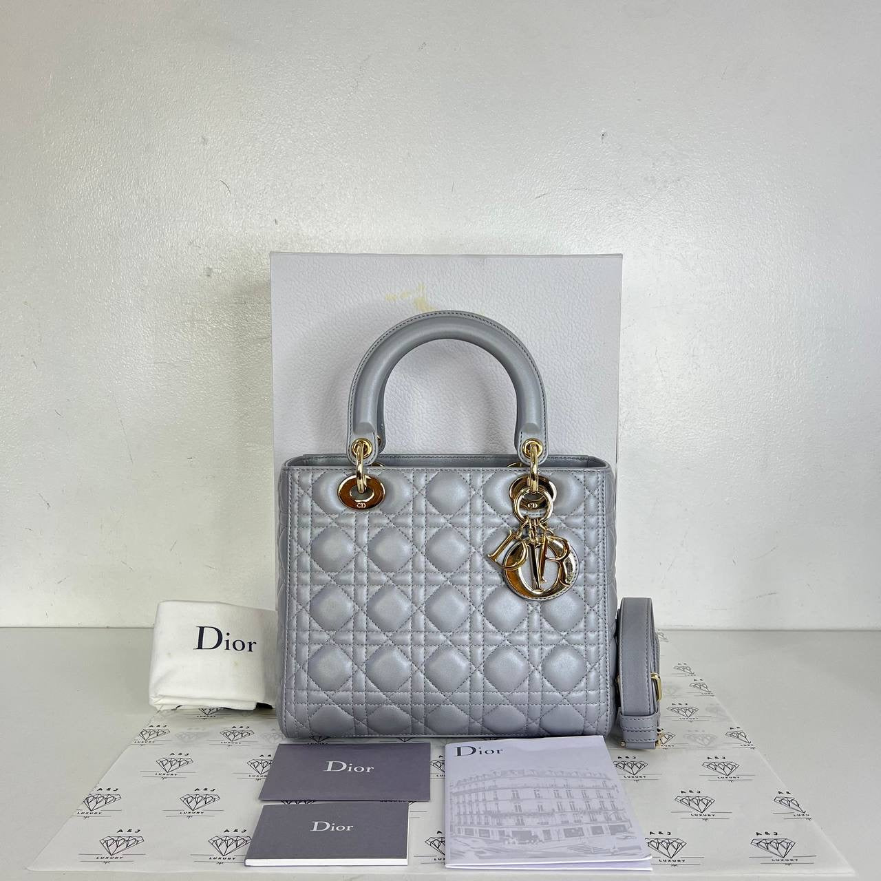 [PRE LOVED] Christian Dior Medium Lady D in Opaline Gray Pearlescent Cannage Lambskin Light Gold HW (2020)