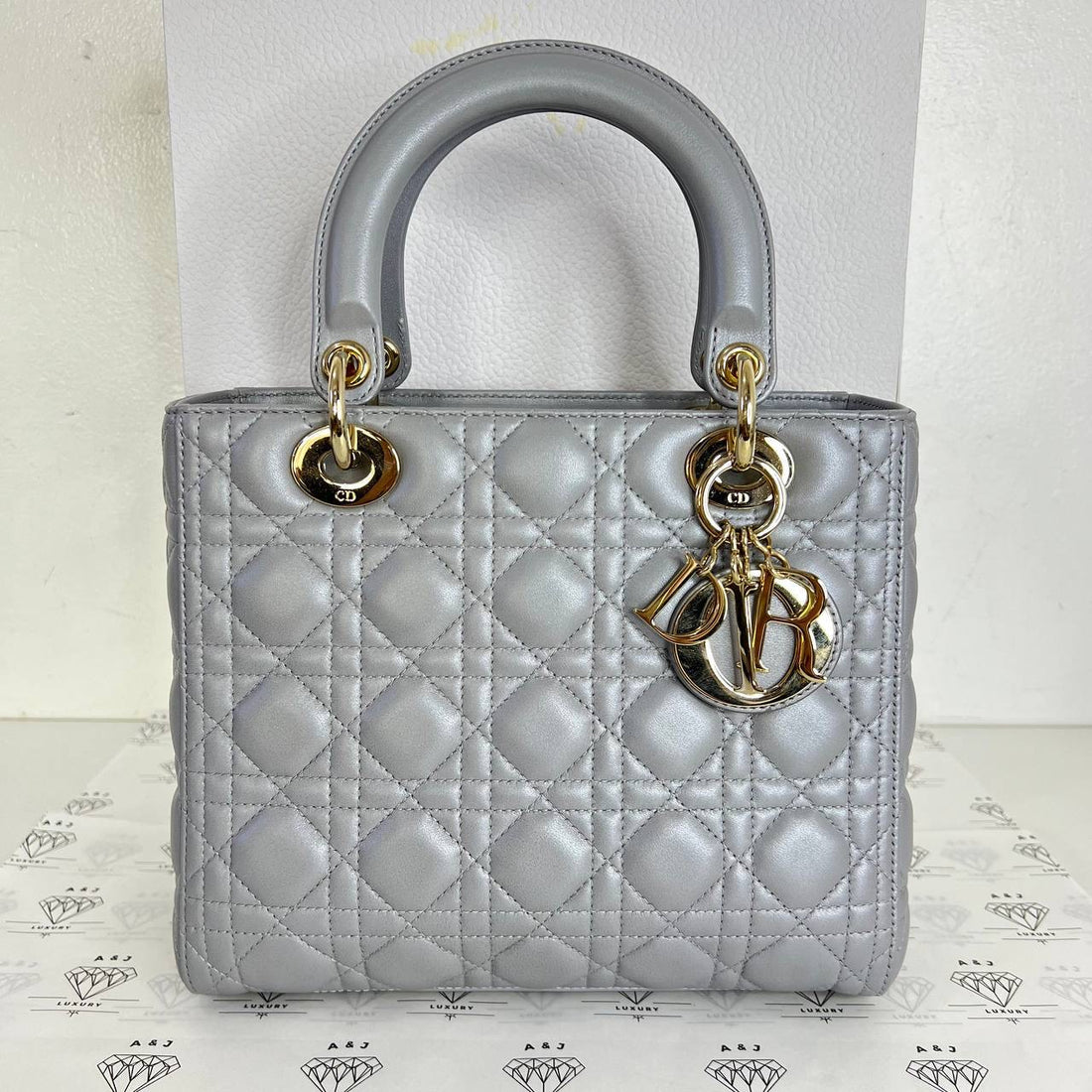 [PRE LOVED] Christian Dior Medium Lady D in Opaline Gray Pearlescent Cannage Lambskin Light Gold HW (2020)