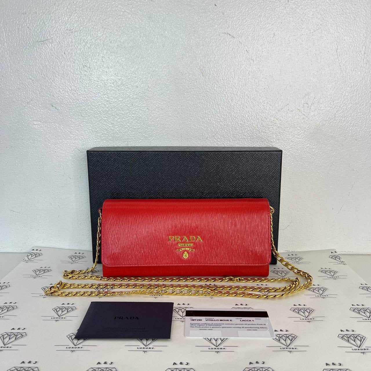 [PRE LOVED] Prada 1MT290 Wallet on Chain in Red Vitello Move Leather GHW