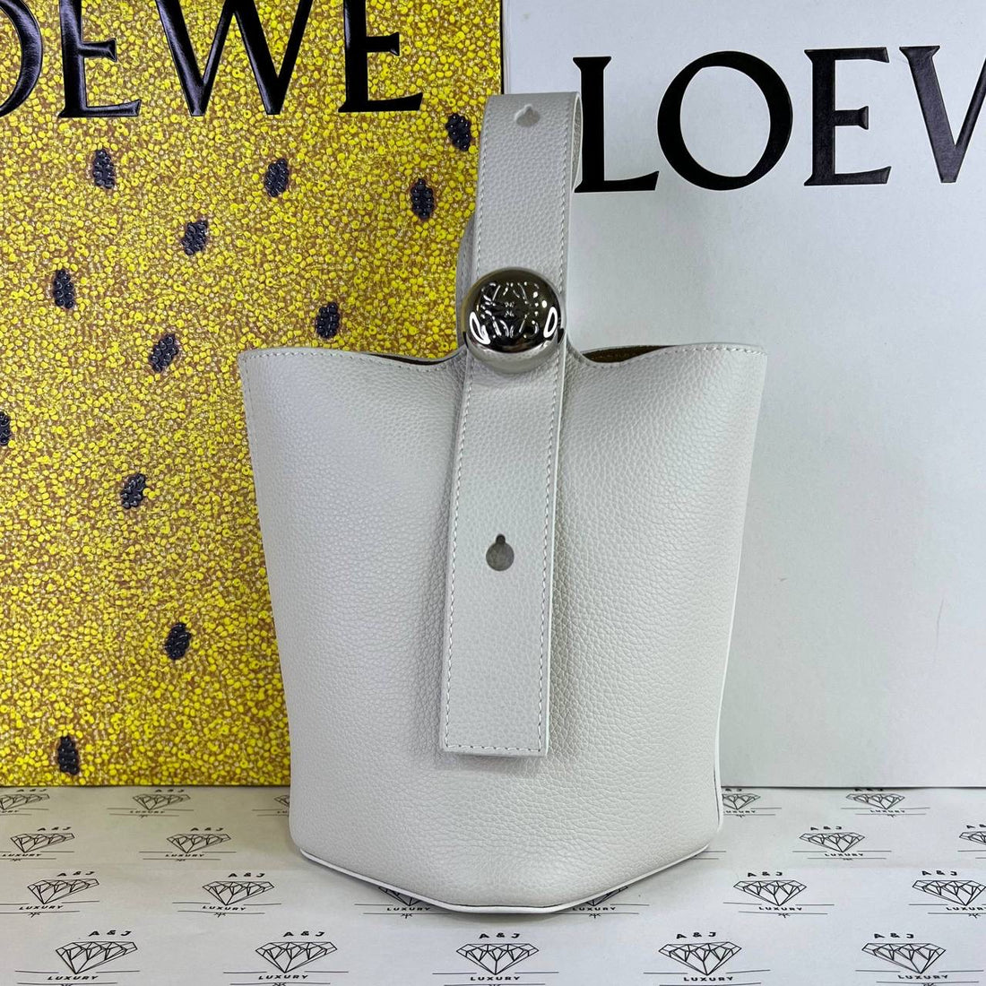 [PRE LOVED] Loewe Mini Pebble Bucket Bag in Soft White Grained Calfskin Leather SHW