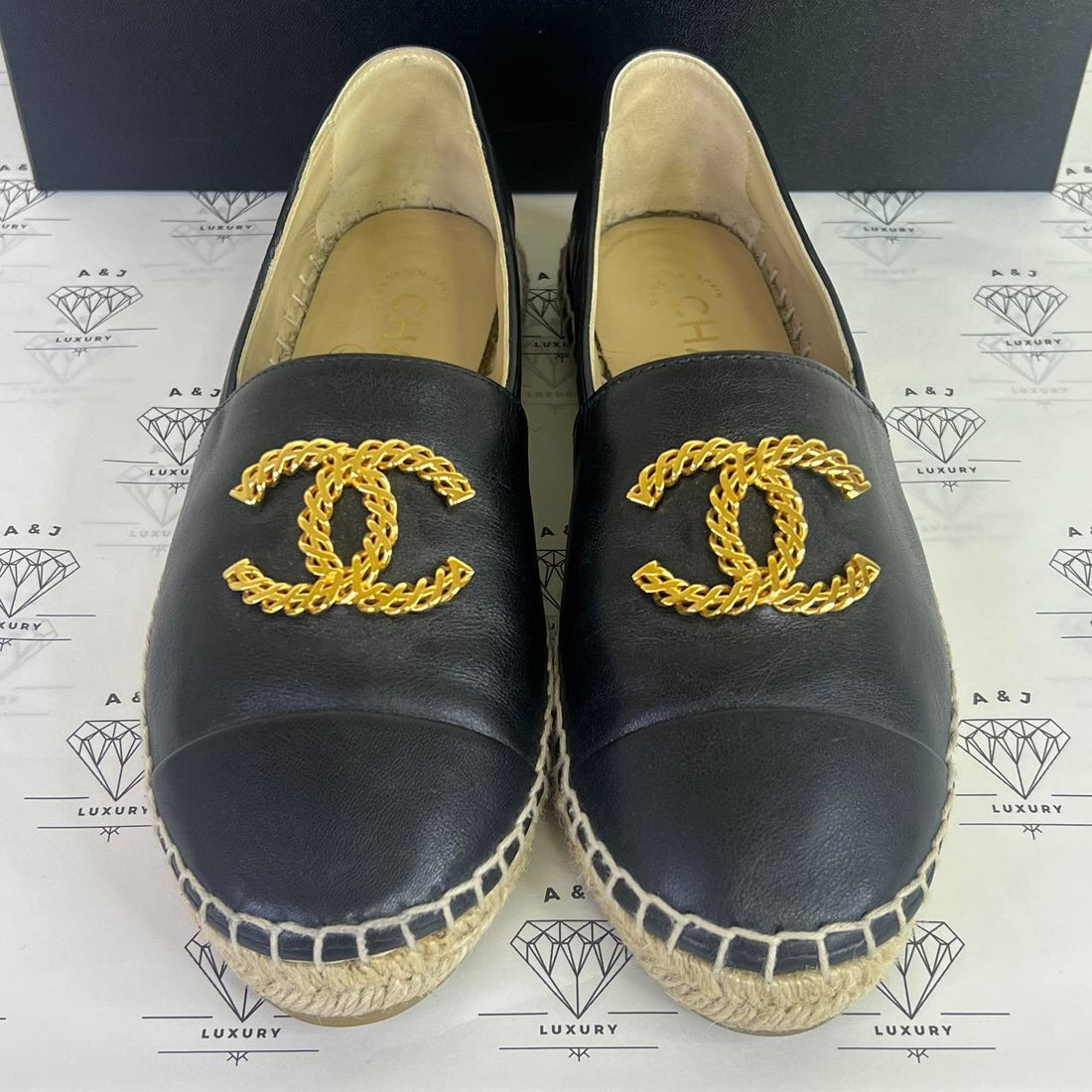 [PRE LOVED] Chanel Seasonal Espadrille Chain Logo in Black Size 36EU