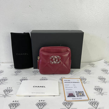 [PRE LOVED] Chanel C19 Zipped Coin Purse in Maroon Lambskin Leather Silver/Gold HW (microchipped)