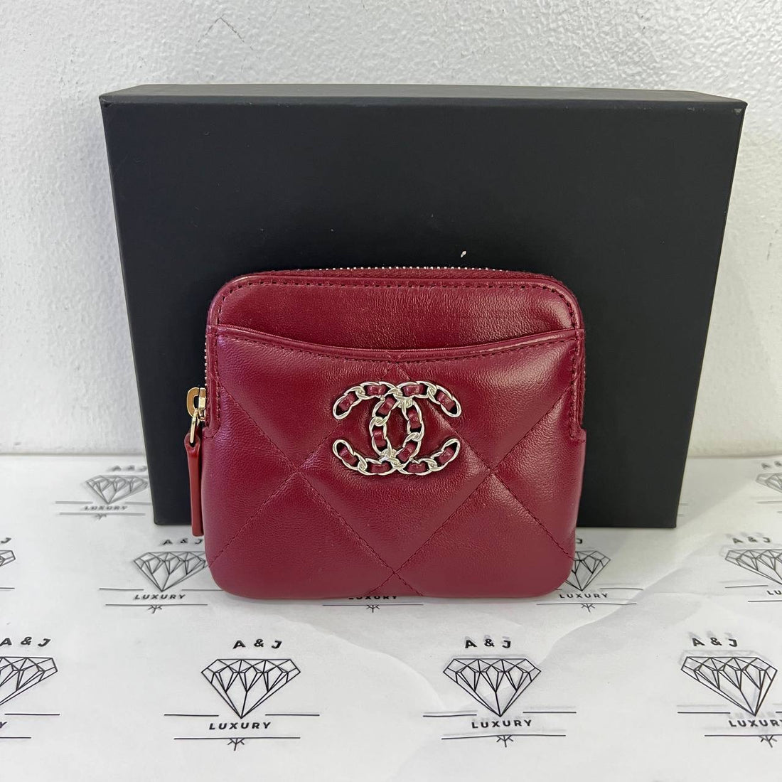 [PRE LOVED] Chanel C19 Zipped Coin Purse in Maroon Lambskin Leather Silver/Gold HW (microchipped)