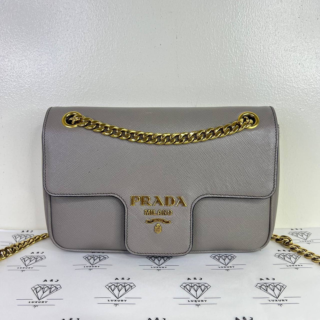 [PRE LOVED] Prada Saffiano Flap Shoulder Bag in Argilla GHW