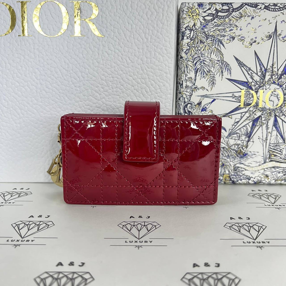 [PRE LOVED] Christian Dior Lady D Jasmine Cardholder in Cherry Red Patent Leather GHW (2022)