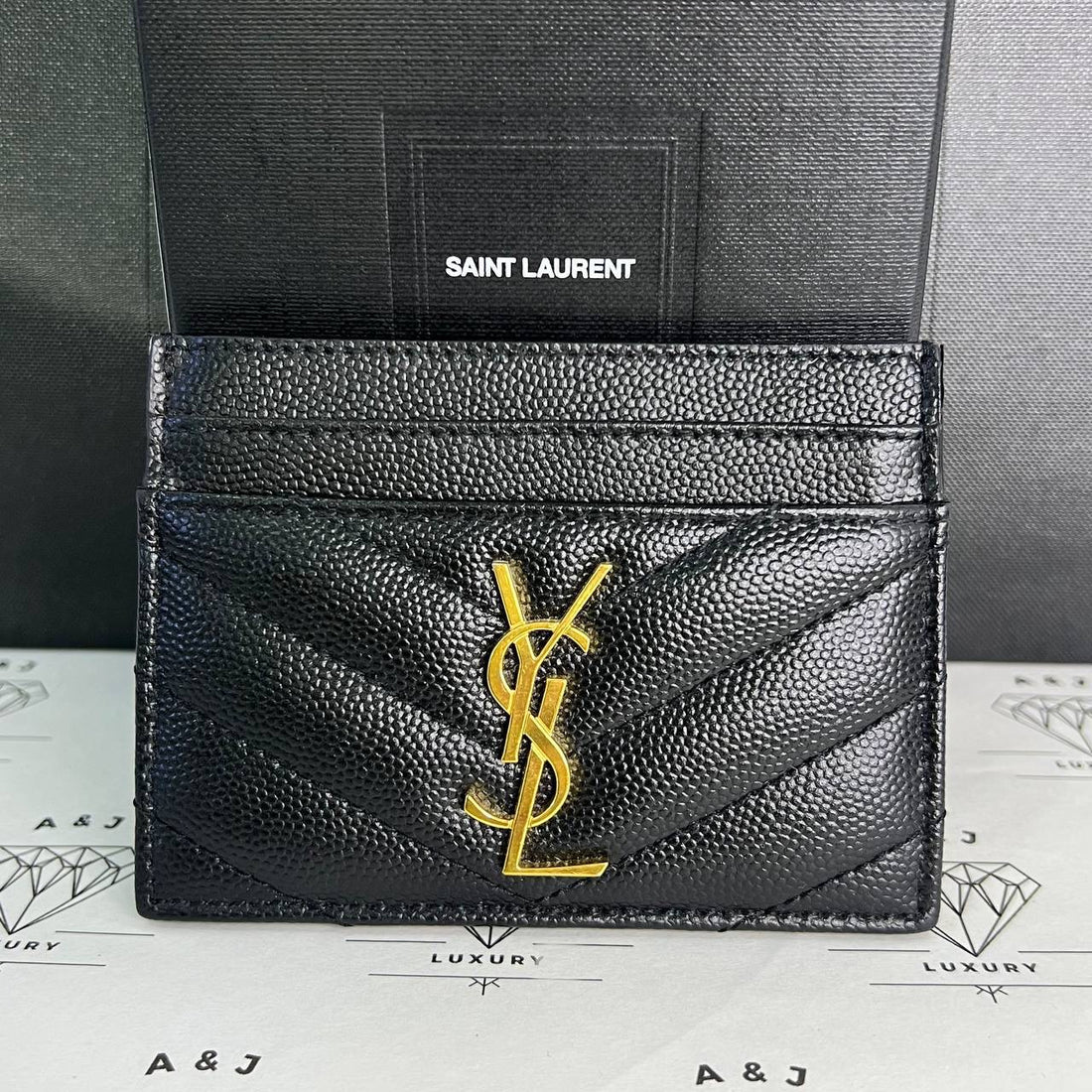 [PRE LOVED] YSL Flat Cardholder in Black Grain De Poudre Leather GHW