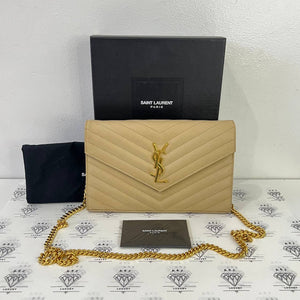 [PRE LOVED] Yves Saint Laurent Medium Wallet on Chain in Beige Grain De Poudre Leather GHW