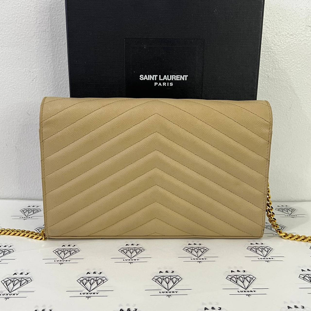 [PRE LOVED] Yves Saint Laurent Medium Wallet on Chain in Beige Grain De Poudre Leather GHW