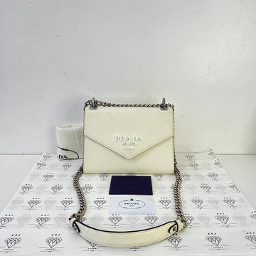 [PRE LOVED] Prada 1BD127 Flap Shoulder Bag in Bianco Saffiano Leather SHW