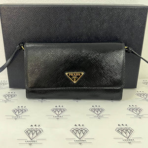 [PRE LOVED] Prada 1M1437 Wallet on Strap in Black Saffiano Vernic GHW