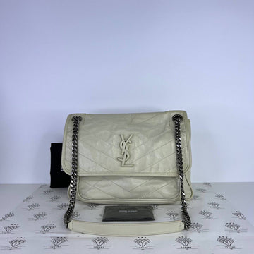 [PRE LOVED] YSL Medium Niki Shoulder Bag in White Crinkled Calfskin Leather RHW