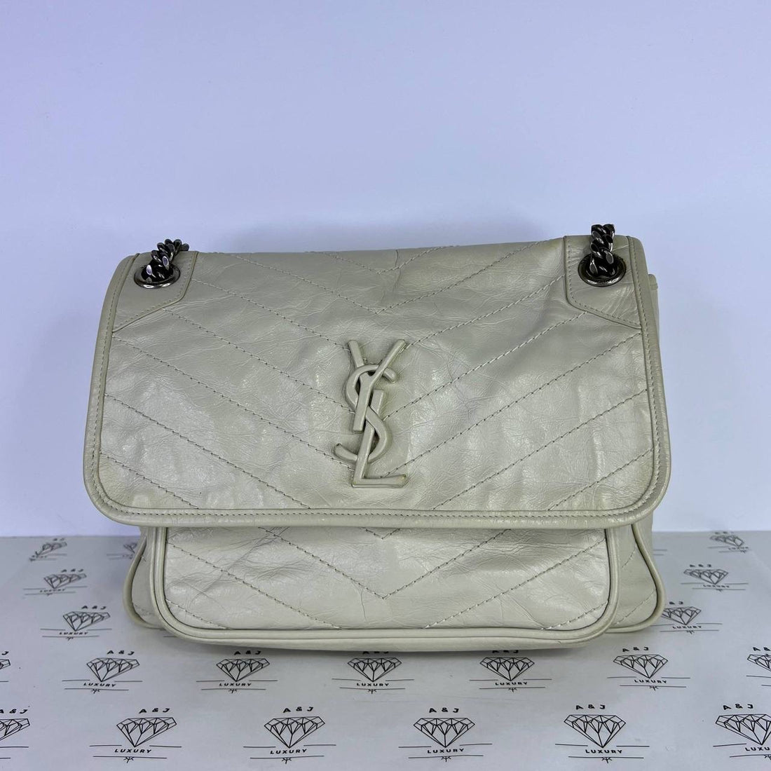 [PRE LOVED] YSL Medium Niki Shoulder Bag in White Crinkled Calfskin Leather RHW