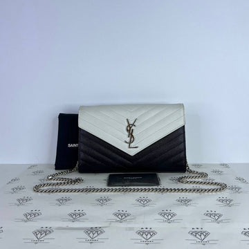 [PRE LOVED] YSL Medium Wallet on Chain in Black/White Grain De Poudre Leather SHW