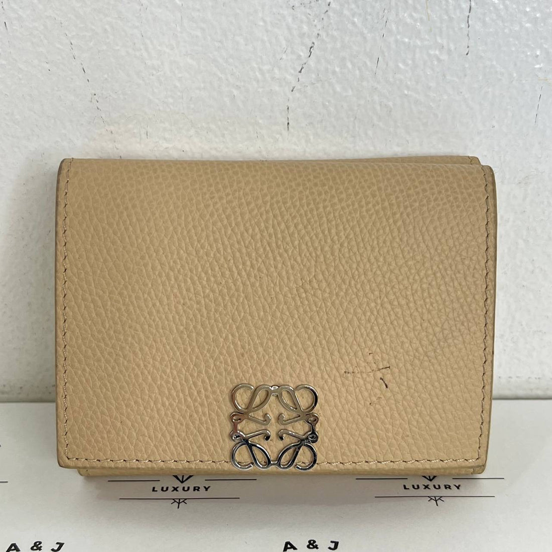 [PRE LOVED] Loewe Anagram Trifold Wallet in Beige Grained Calfskin Leather SHW