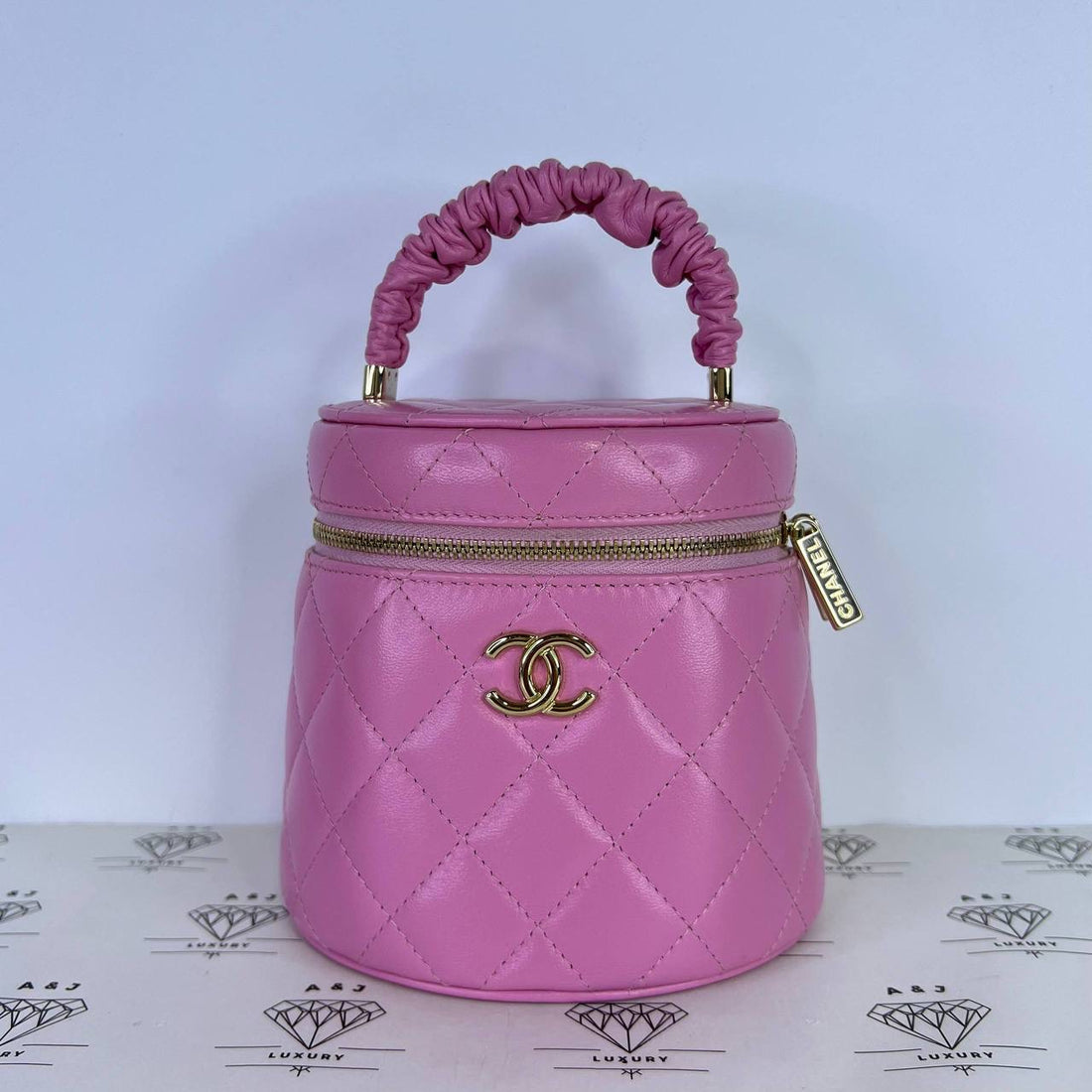 [PRE LOVED] Chanel Mini Vanity Ruched Handle in Pink Lambskin Leather Light Gold HW (Series 32)
