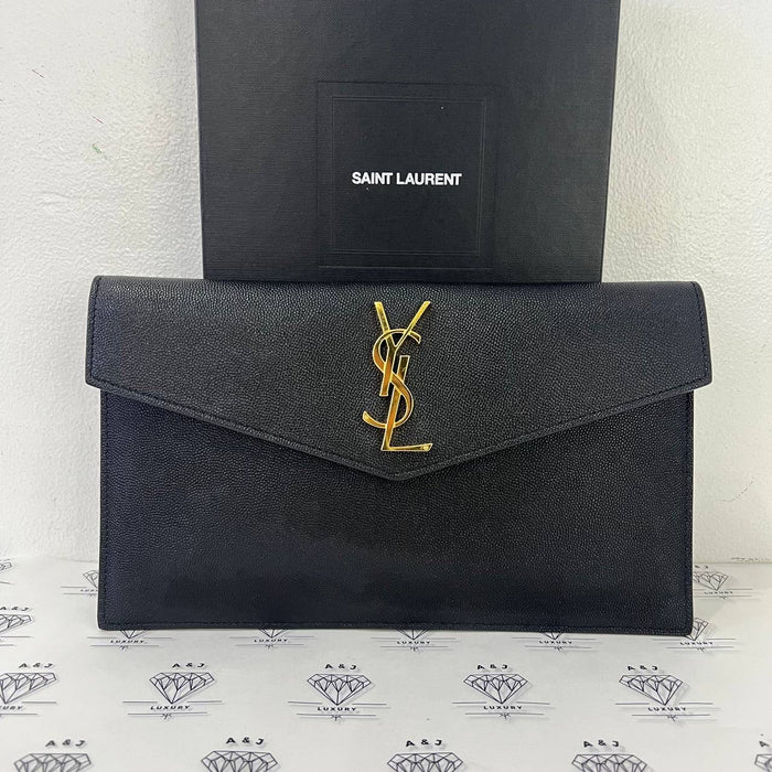 [PRE LOVED] YSL Uptown Clutch in Black Grain De Poudre Leather GHW