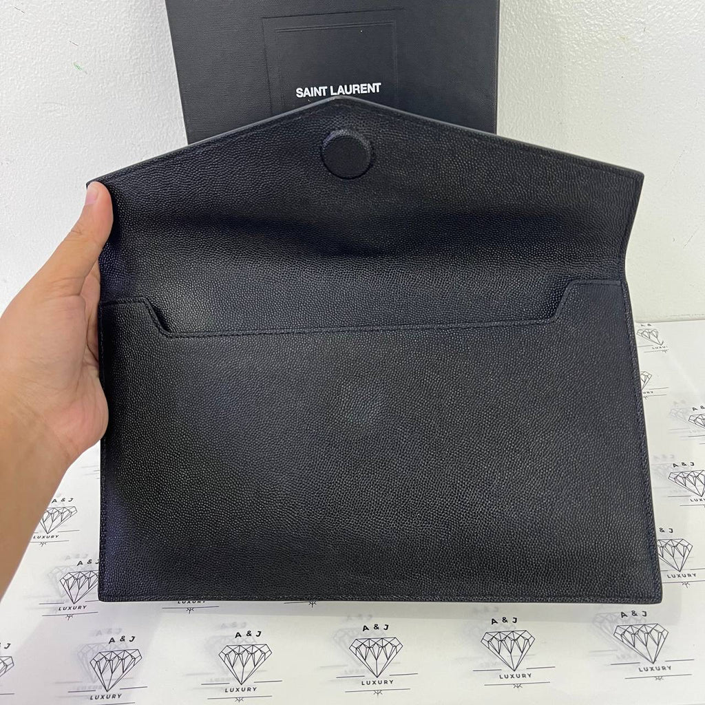 [PRE LOVED] YSL Uptown Clutch in Black Grain De Poudre Leather GHW