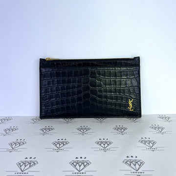 [PRE LOVED] YSL Zipped Bill Pouch in Black Croc Embossed Leather GHW