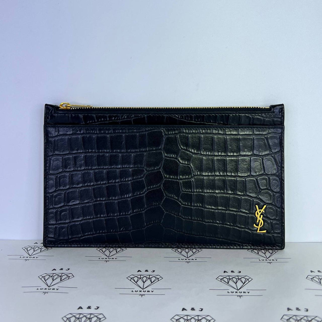 [PRE LOVED] YSL Zipped Bill Pouch in Black Croc Embossed Leather GHW