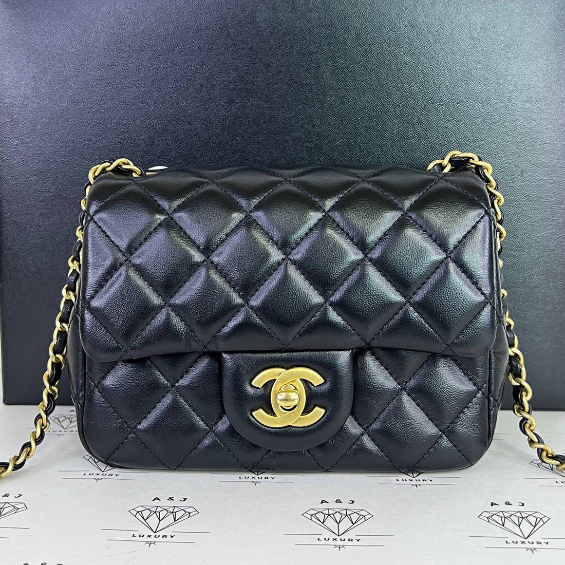 [PRE LOVED] Chanel Romance Mini Square in Black Lambskin Leather Aged Gold HW (Series 30)