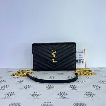 [PRE LOVED] YSL Small Wallet on Chain in Black Grain De Poudre GHW
