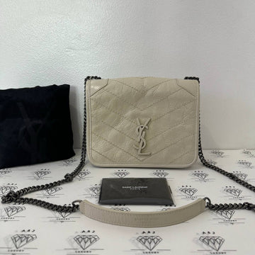 [PRE LOVED] Yves Saint Laurent Niki Chain Wallet in White Crinkled Calfskin Leather