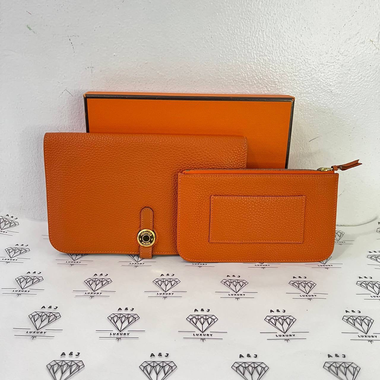 [PRE LOVED] Hermes Dogon Duo Wallet in Orange Clemence Leather GHW (Stamp G Square - 2003)