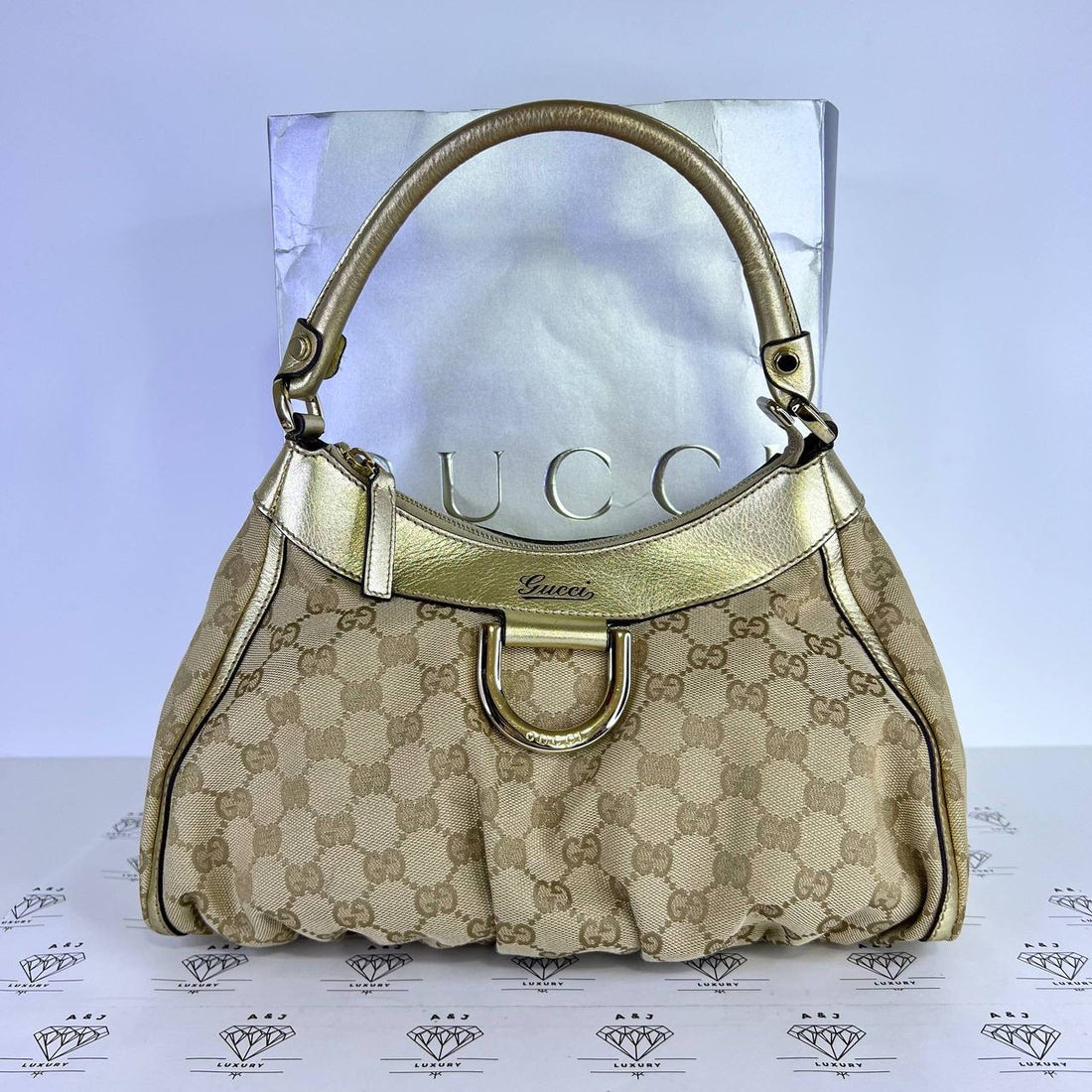 [PRE LOVED] Gucci Small Abbey D-Ring Tore in Brown Canvass with Gold Leather Trims GHW