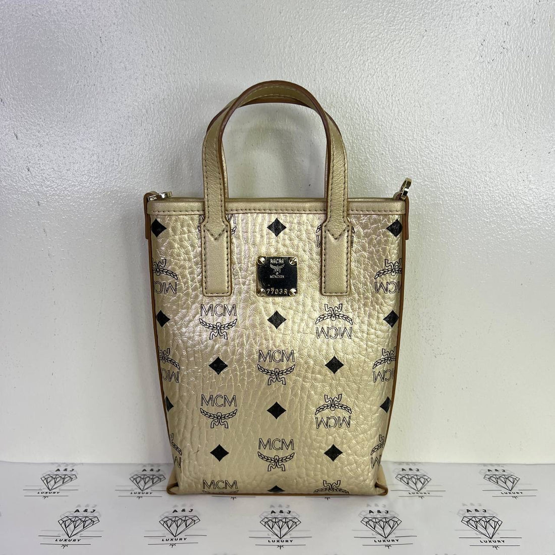 [PRE LOVED] MCM Mini Visetos Top Handle in Gold GHW