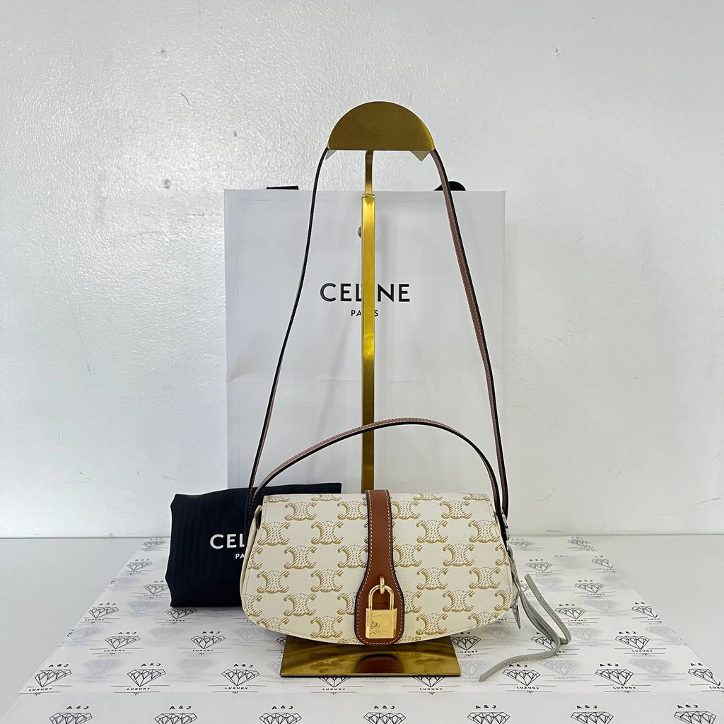 [PRE LOVED] Celine Clutch on Strap Tabou in White/Tan