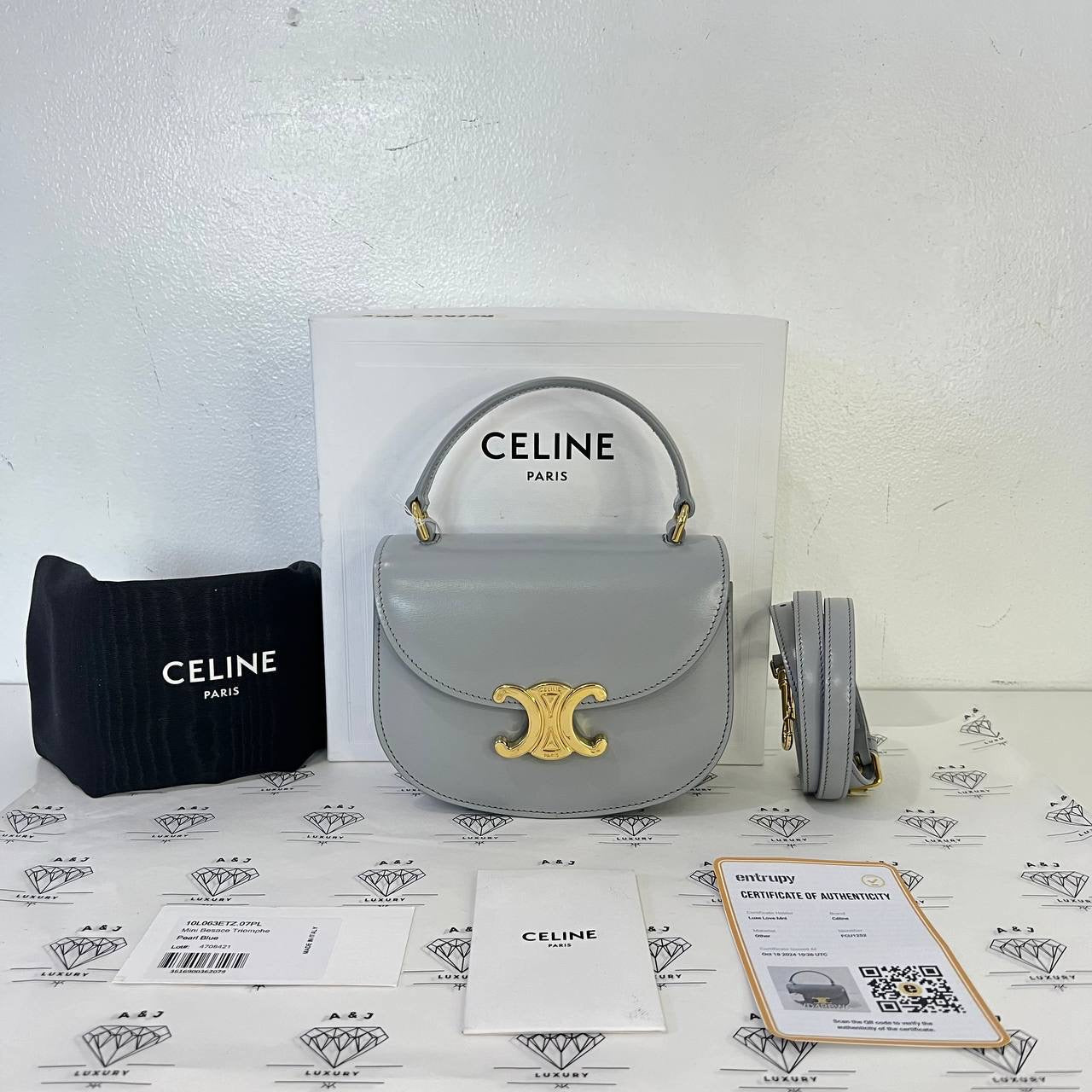 [PRE LOVED] Celine Mini Besace Triomphe in Pearl Blue Shiny Calfskin GHW