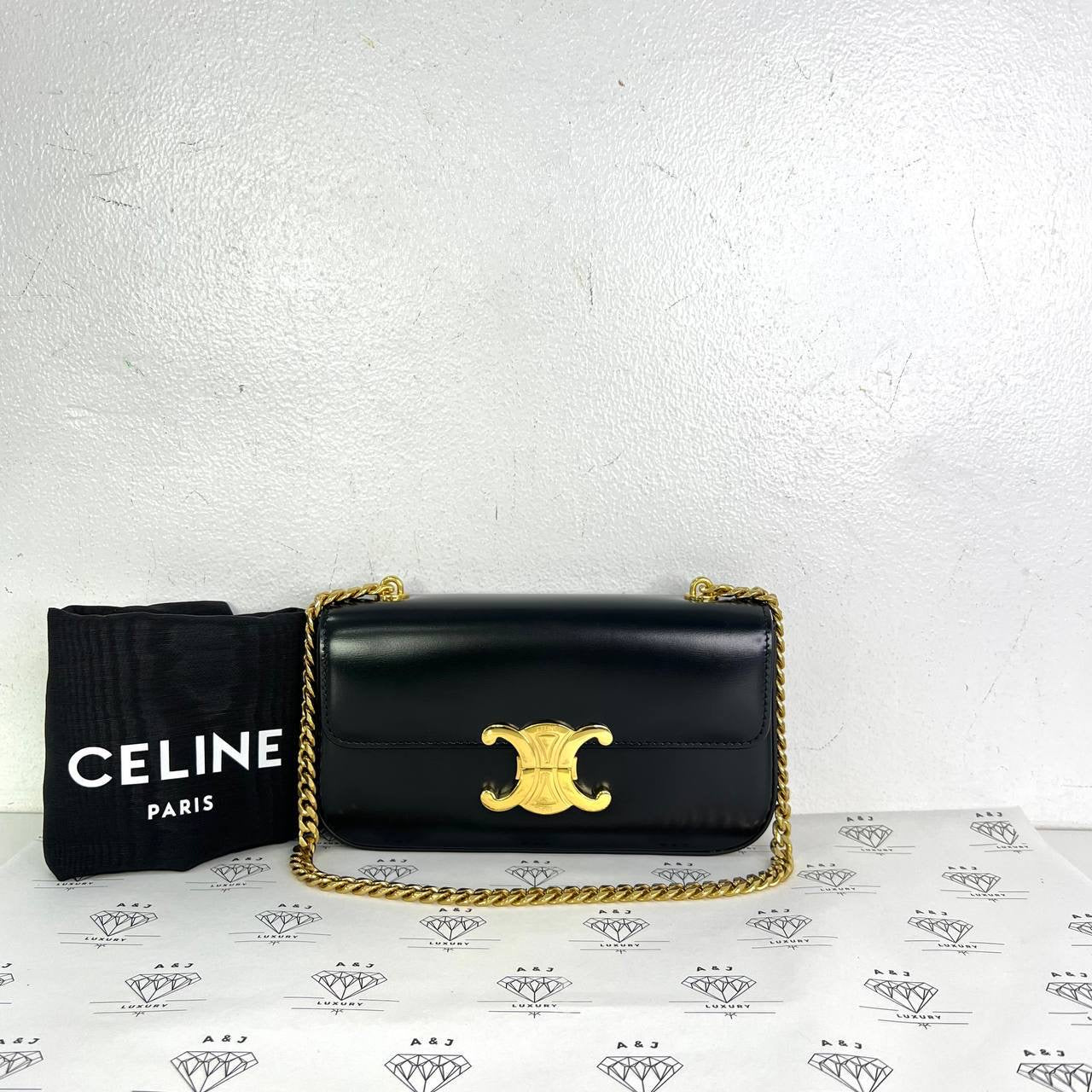 [PRE LOVED] Celine Claude Triomphe Chain Shoulder Bag in Black Calfskin GHW