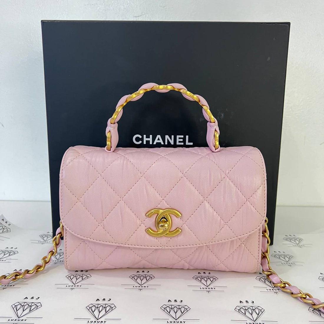 [PRE LOVED] Chanel Mini CC Logo Top Handle Bag in Pink Distressed Calfskin Leather GHW (Series 31)