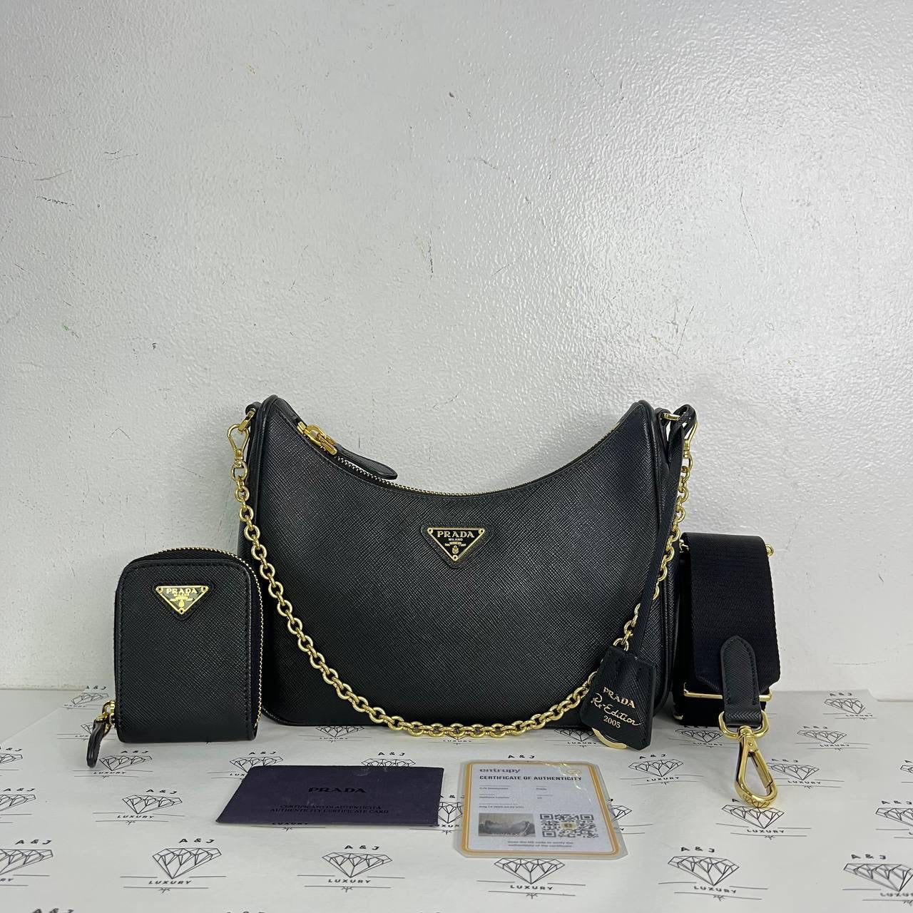 [PRE LOVED] Prada Re-edition 2005 Multi Pochette in Black Saffiano Leather GHW