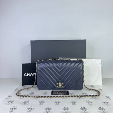 [PRE LOVED] Chanel Chevron Statement Flap Bag in Blue Lambskin Leather Light Gold HW (Series 28)