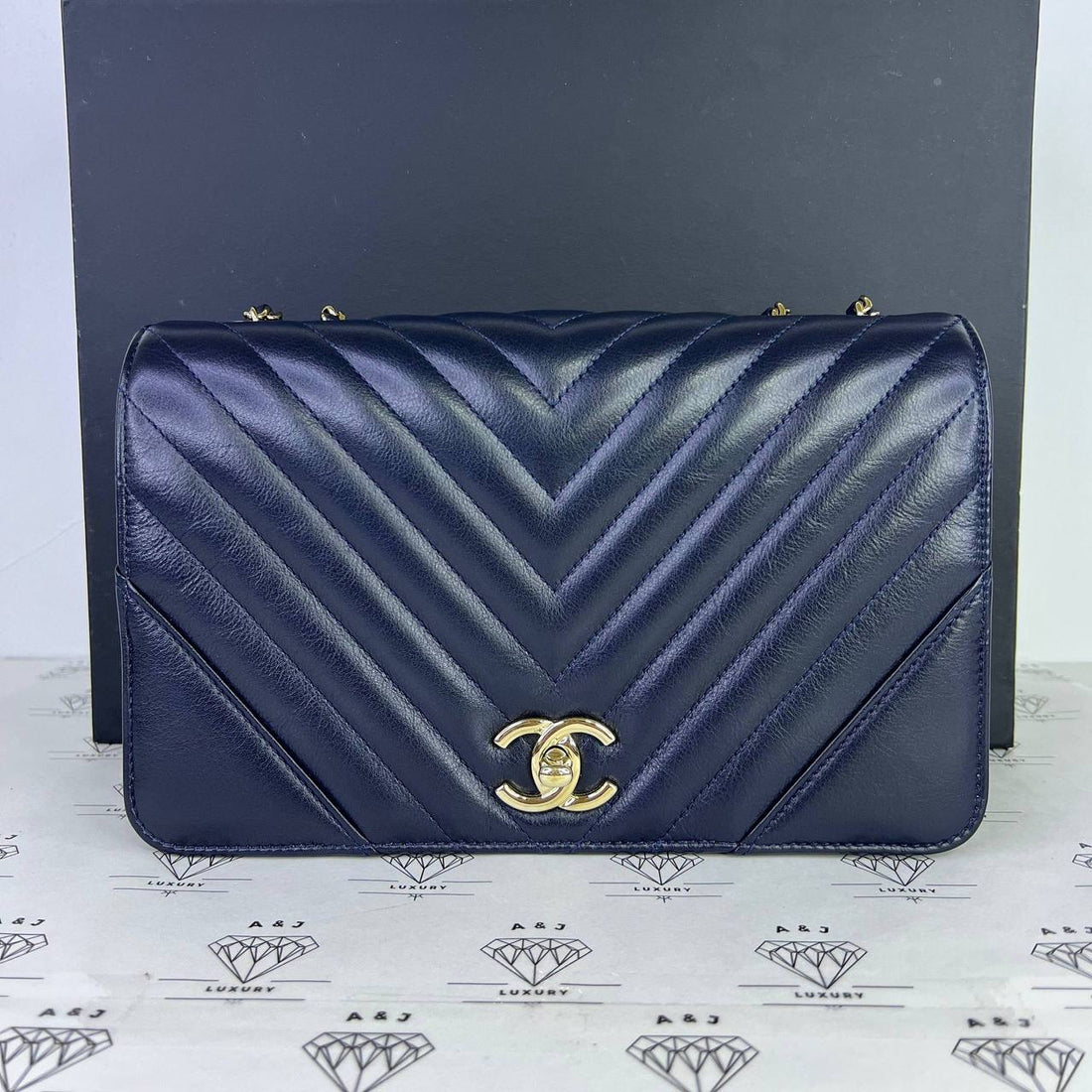 [PRE LOVED] Chanel Chevron Statement Flap Bag in Blue Lambskin Leather Light Gold HW (Series 28)